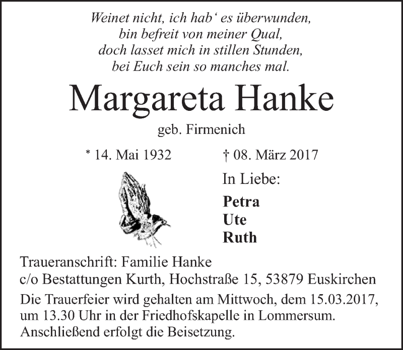 Traueranzeige für Margareta Hanke vom 11.03.2017 aus  Blickpunkt Euskirchen 
