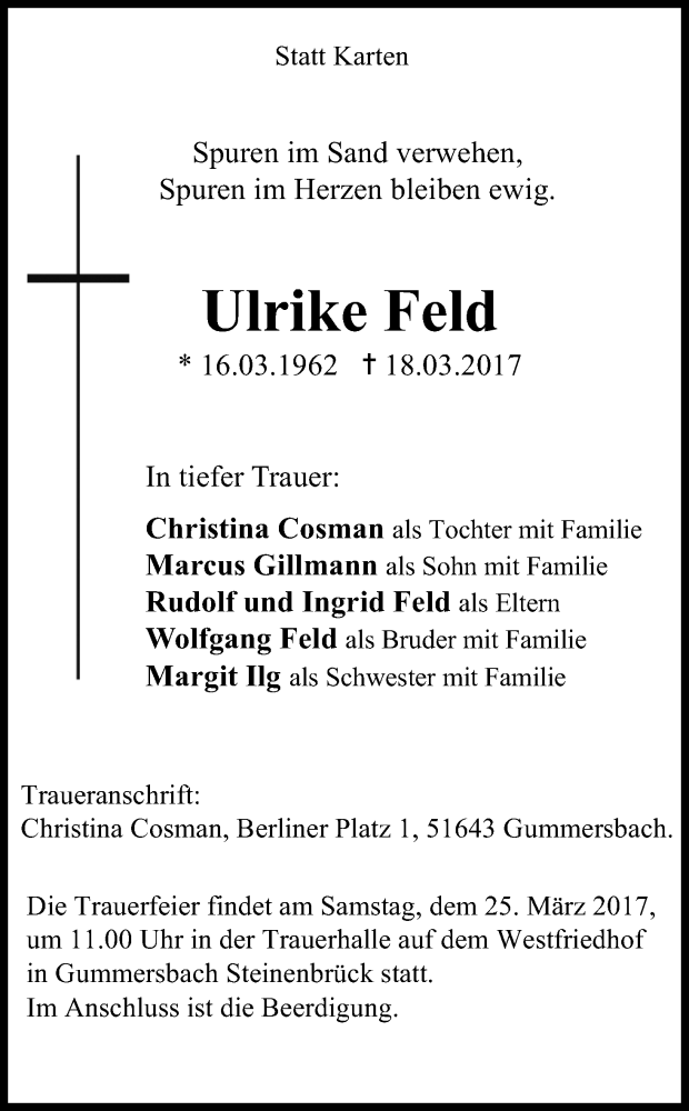  Traueranzeige für Ulrike Feld vom 22.03.2017 aus Kölner Stadt-Anzeiger / Kölnische Rundschau / Express