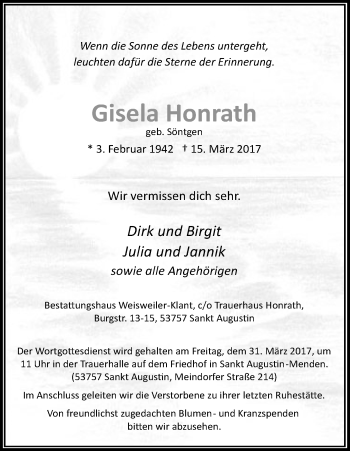 Anzeige von Gisela Honrath von Kölner Stadt-Anzeiger / Kölnische Rundschau / Express