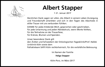 Anzeige von Albert Stapper von Kölner Stadt-Anzeiger / Kölnische Rundschau / Express