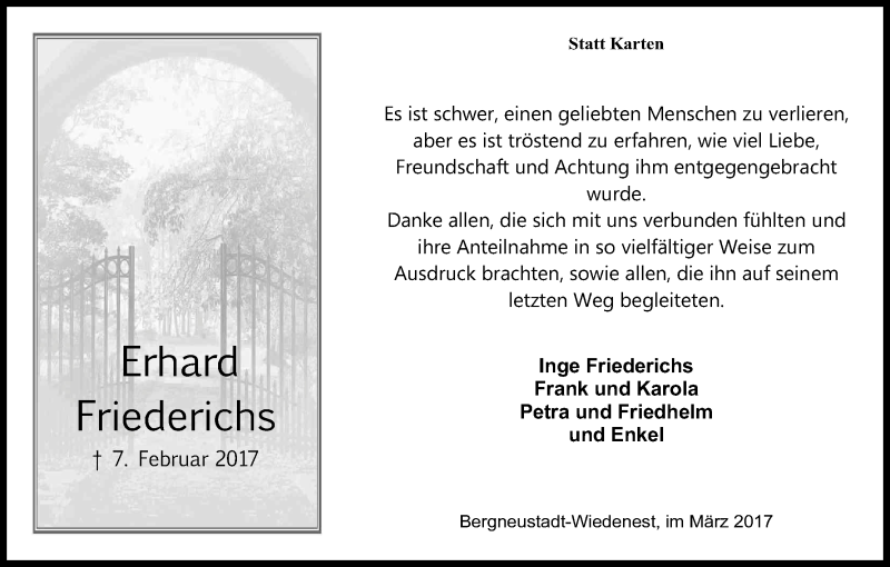  Traueranzeige für Erhard Friederichs vom 11.03.2017 aus Kölner Stadt-Anzeiger / Kölnische Rundschau / Express