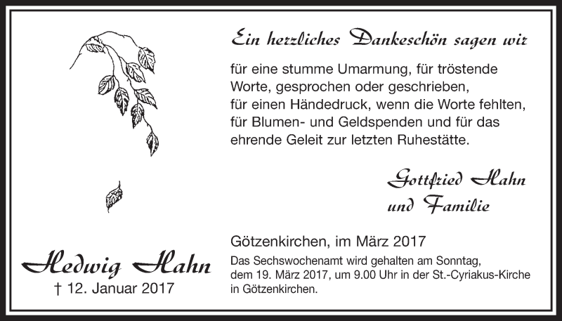  Traueranzeige für Hedwig Hahn vom 11.03.2017 aus  Sonntags-Post 