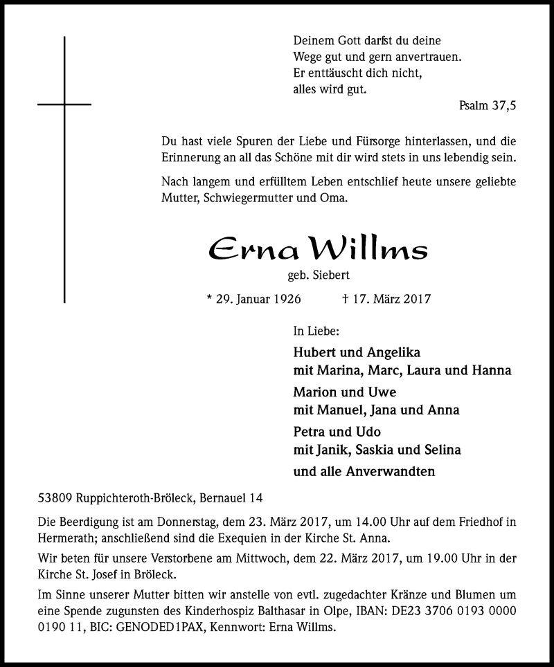  Traueranzeige für Erna Willms vom 20.03.2017 aus Kölner Stadt-Anzeiger / Kölnische Rundschau / Express