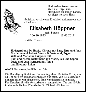Anzeige von Elisabeth Höppner von Kölner Stadt-Anzeiger / Kölnische Rundschau / Express