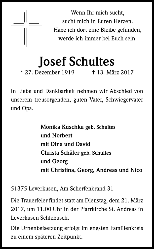  Traueranzeige für Josef Schultes vom 17.03.2017 aus Kölner Stadt-Anzeiger / Kölnische Rundschau / Express