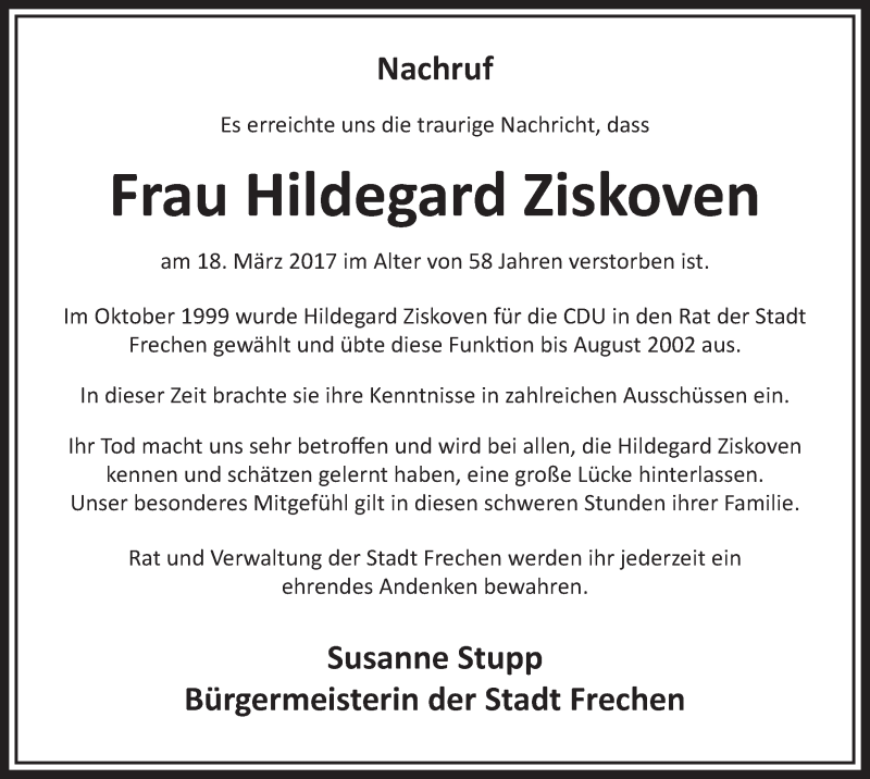  Traueranzeige für Hildegard Ziskoven vom 25.03.2017 aus  Sonntags-Post 