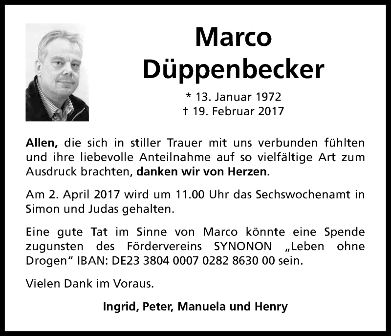  Traueranzeige für Marco Düppenbecker vom 29.03.2017 aus Kölner Stadt-Anzeiger / Kölnische Rundschau / Express