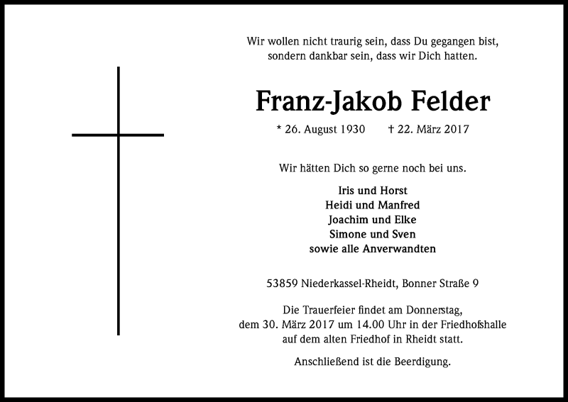  Traueranzeige für Franz-Jakob Felder vom 25.03.2017 aus Kölner Stadt-Anzeiger / Kölnische Rundschau / Express