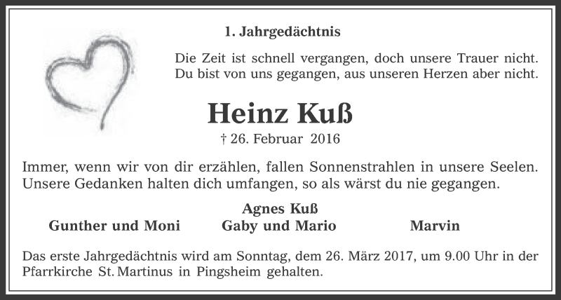 Traueranzeige für Heinz Kuß vom 08.03.2017 aus  Werbepost 