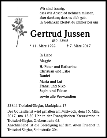 Anzeige von Gertrud Jussen von Kölner Stadt-Anzeiger / Kölnische Rundschau / Express