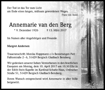 Anzeige von Annemarie  van den Berg von Kölner Stadt-Anzeiger / Kölnische Rundschau / Express