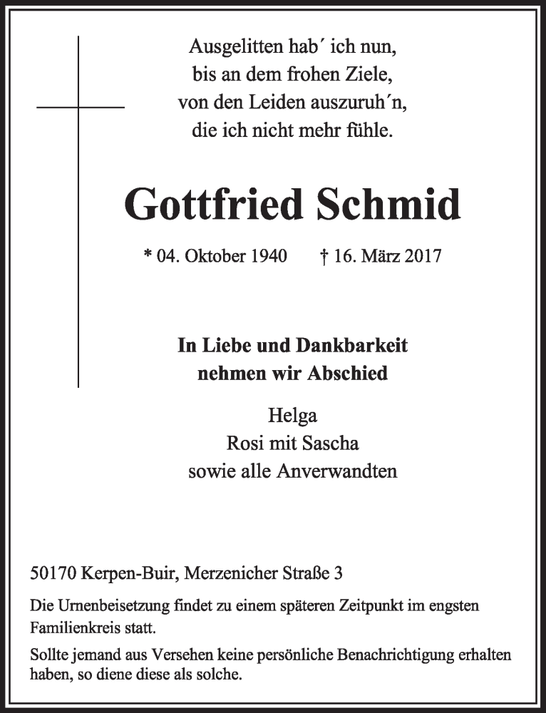  Traueranzeige für Gottfried Schmid vom 25.03.2017 aus  Sonntags-Post 