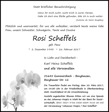 Anzeige von Rosi Scheffels von Kölner Stadt-Anzeiger / Kölnische Rundschau / Express