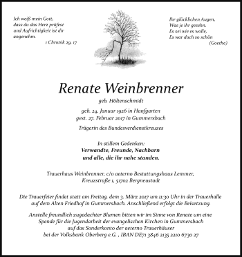 Anzeige von Renate Weinbrenner von Kölner Stadt-Anzeiger / Kölnische Rundschau / Express