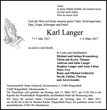 Anzeige von Karl Langer von Kölner Stadt-Anzeiger / Kölnische Rundschau / Express