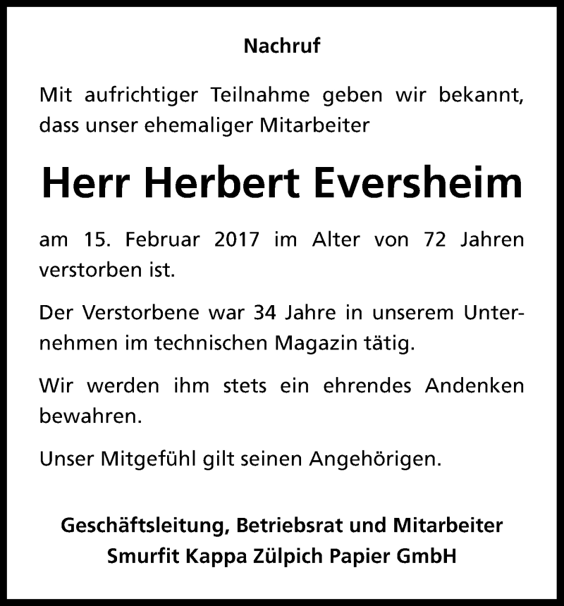  Traueranzeige für Herbert Eversheim vom 09.03.2017 aus Kölner Stadt-Anzeiger / Kölnische Rundschau / Express