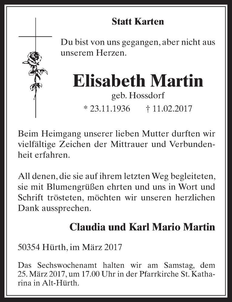  Traueranzeige für Elisabeth Martin vom 22.03.2017 aus  Wochenende 