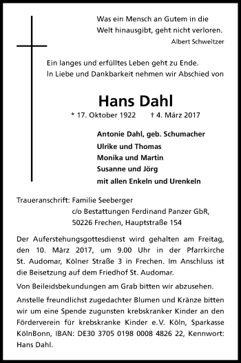 Anzeige von Hans Dahl von Kölner Stadt-Anzeiger / Kölnische Rundschau / Express
