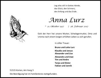 Anzeige von Anna Lurz von Kölner Stadt-Anzeiger / Kölnische Rundschau / Express