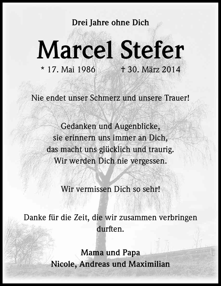  Traueranzeige für Marcel Stefer vom 30.03.2017 aus Kölner Stadt-Anzeiger / Kölnische Rundschau / Express