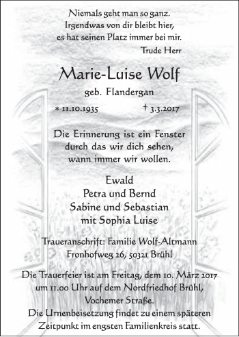 Anzeige von Maria-Luise Wolf von  Schlossbote/Werbekurier 