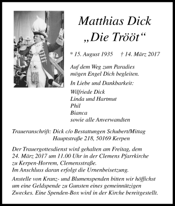 Anzeige von Matthias Dick von Kölner Stadt-Anzeiger / Kölnische Rundschau / Express