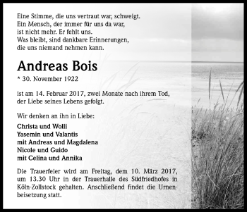 Anzeige von Andreas Bois von Kölner Stadt-Anzeiger / Kölnische Rundschau / Express
