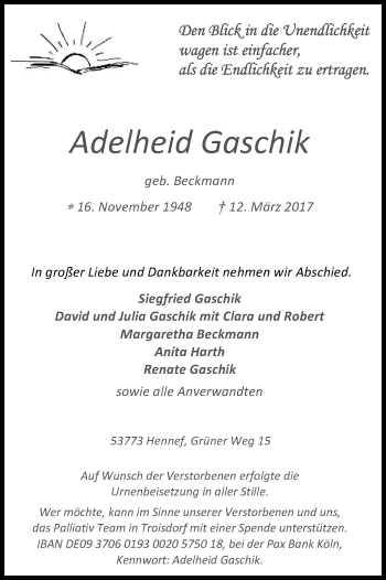 Anzeige von Adelheid Gaschik von Kölner Stadt-Anzeiger / Kölnische Rundschau / Express