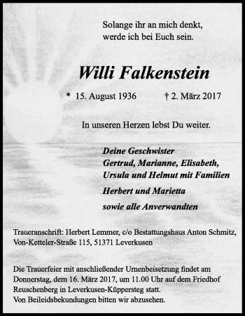 Anzeige von Willi Falkenstein von Kölner Stadt-Anzeiger / Kölnische Rundschau / Express
