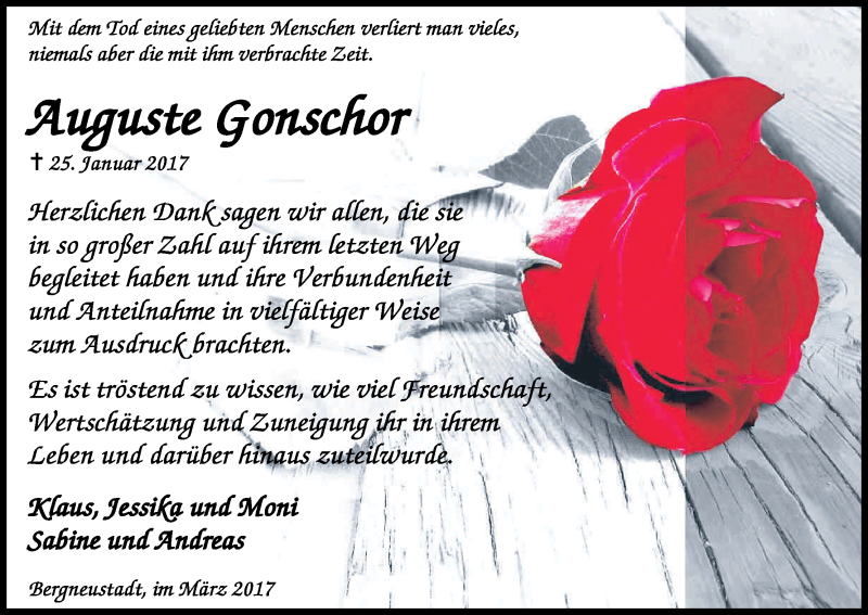 Traueranzeige für Auguste Gonschor vom 25.03.2017 aus Kölner Stadt-Anzeiger / Kölnische Rundschau / Express