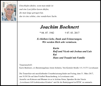 Anzeige von Joachim Boehnert von Kölner Stadt-Anzeiger / Kölnische Rundschau / Express