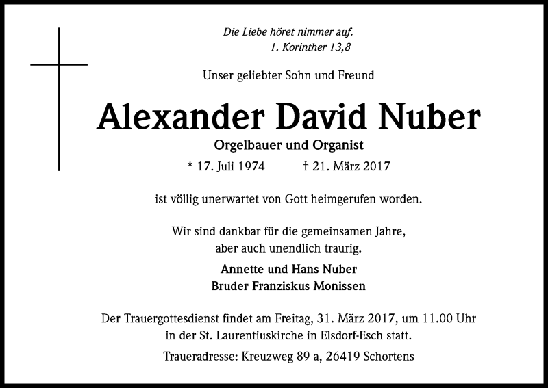  Traueranzeige für Alexander David Nuber vom 25.03.2017 aus Kölner Stadt-Anzeiger / Kölnische Rundschau / Express