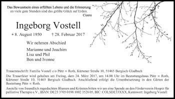 Anzeige von Ingeborg Vorstell von Kölner Stadt-Anzeiger / Kölnische Rundschau / Express