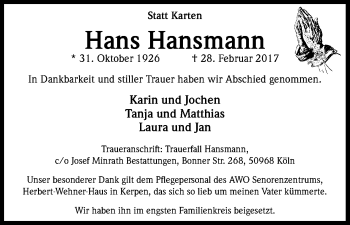 Anzeige von Hans Hansmann von Kölner Stadt-Anzeiger / Kölnische Rundschau / Express