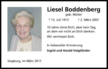 Anzeige von Liesel Boddenberg von Kölner Stadt-Anzeiger / Kölnische Rundschau / Express