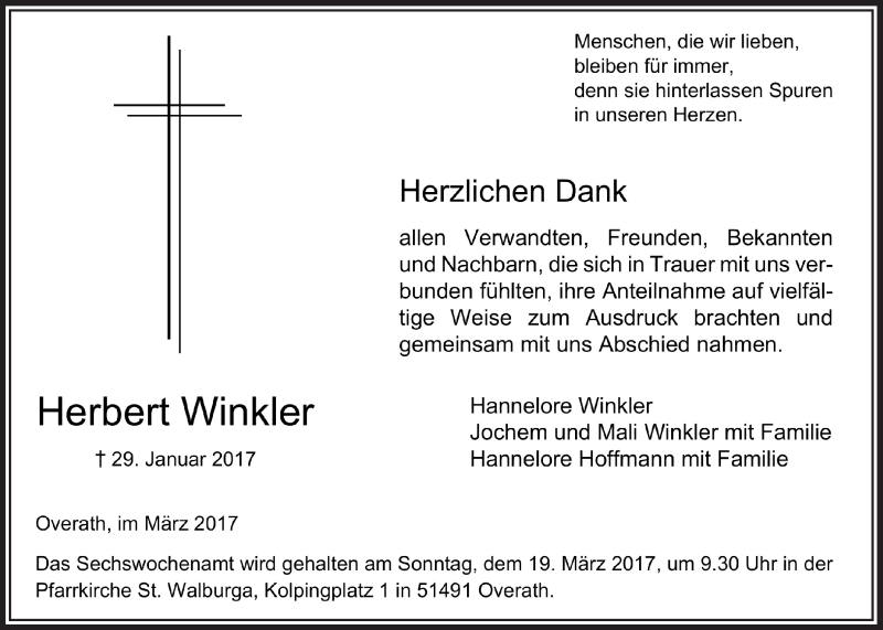  Traueranzeige für Herbert Winkler vom 11.03.2017 aus  Bergisches Sonntagsblatt 