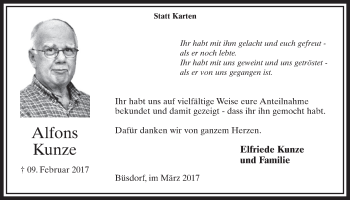 Anzeige von Alfons Kunze von  Sonntags-Post 