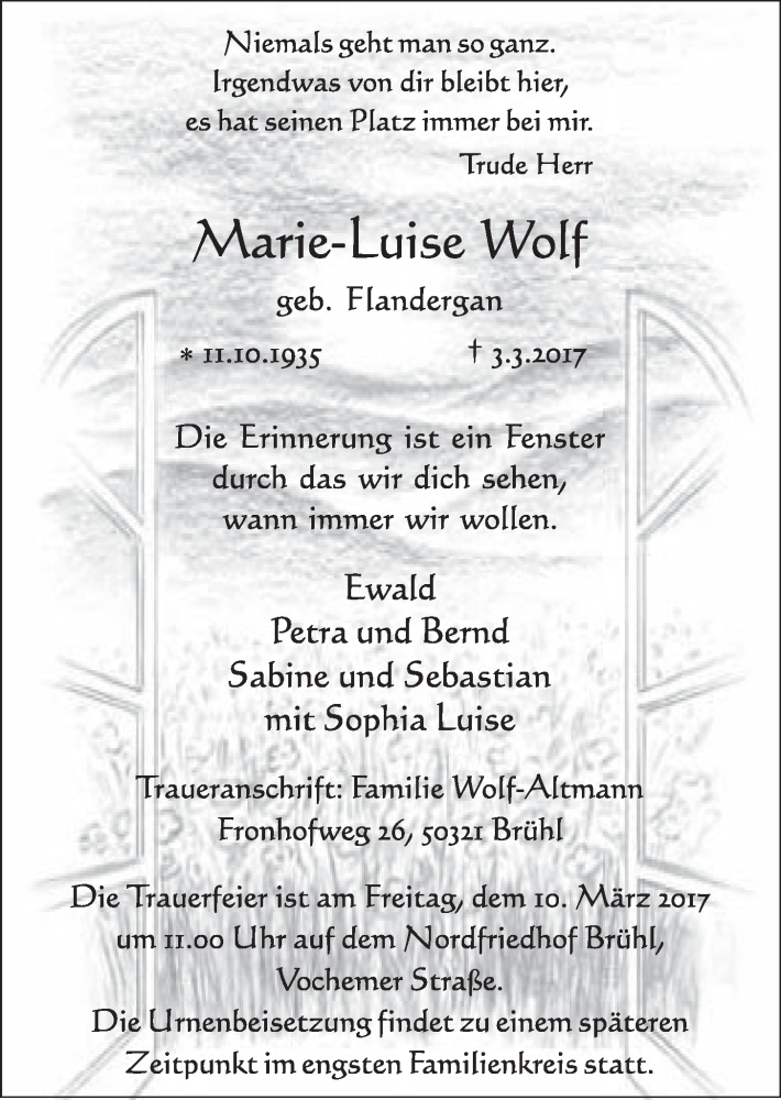  Traueranzeige für Maria-Luise Wolf vom 08.03.2017 aus  Schlossbote/Werbekurier 