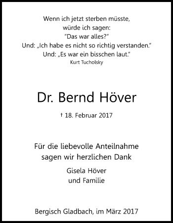 Anzeige von Bernd Höver von Kölner Stadt-Anzeiger / Kölnische Rundschau / Express