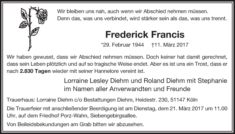  Traueranzeige für Frederick Francis vom 18.03.2017 aus 