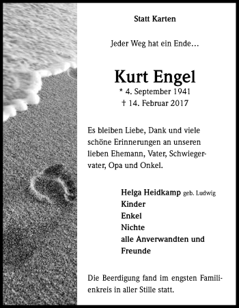 Anzeige von Kurt Engel von Kölner Stadt-Anzeiger / Kölnische Rundschau / Express