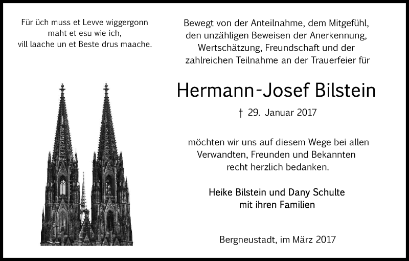  Traueranzeige für Hermann-Josef Bilstein vom 11.03.2017 aus Kölner Stadt-Anzeiger / Kölnische Rundschau / Express
