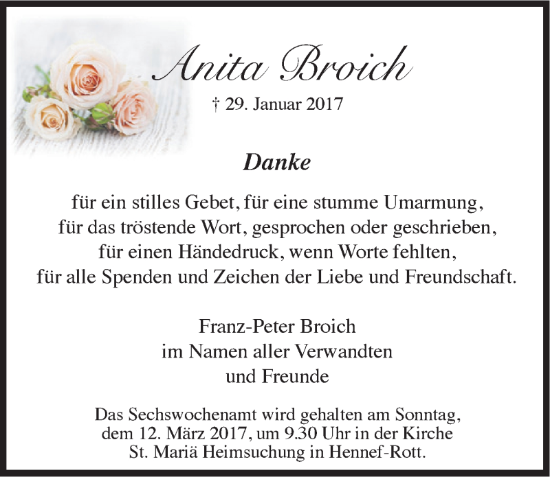  Traueranzeige für Anita Broich vom 08.03.2017 aus  Extra Blatt 