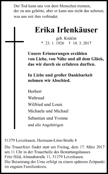 Anzeige von Erika Irlenkäuser von Kölner Stadt-Anzeiger / Kölnische Rundschau / Express