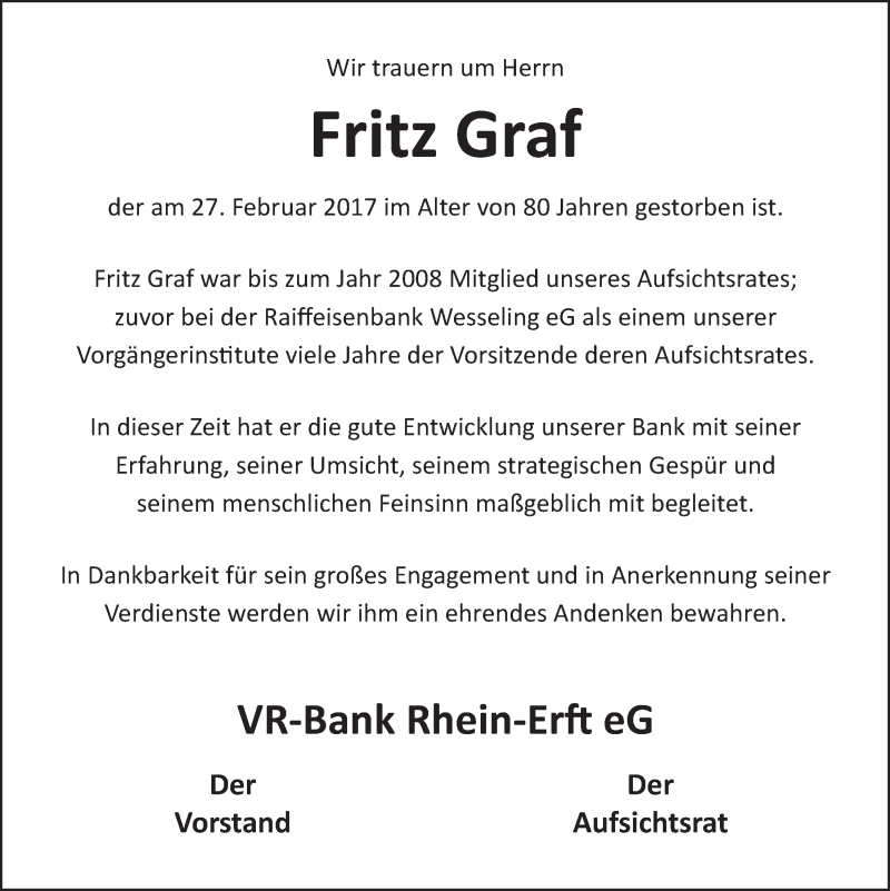  Traueranzeige für Johann Friedrich Graf vom 08.03.2017 aus  Schlossbote/Werbekurier  Werbepost 