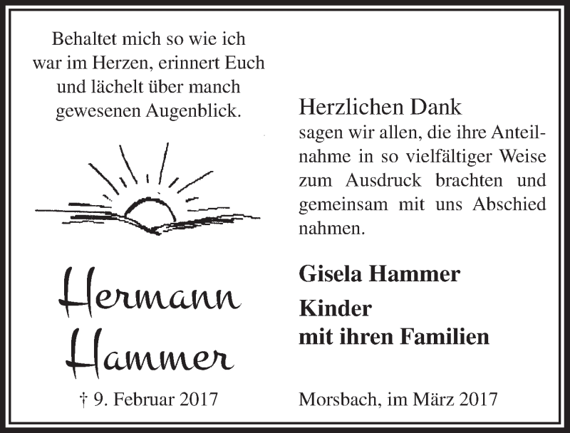  Traueranzeige für Hermann Hammer vom 08.03.2017 aus  Lokalanzeiger 