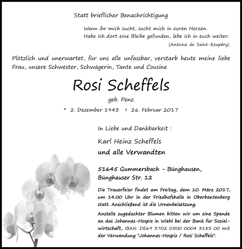  Traueranzeige für Rosi Scheffels vom 04.03.2017 aus Kölner Stadt-Anzeiger / Kölnische Rundschau / Express