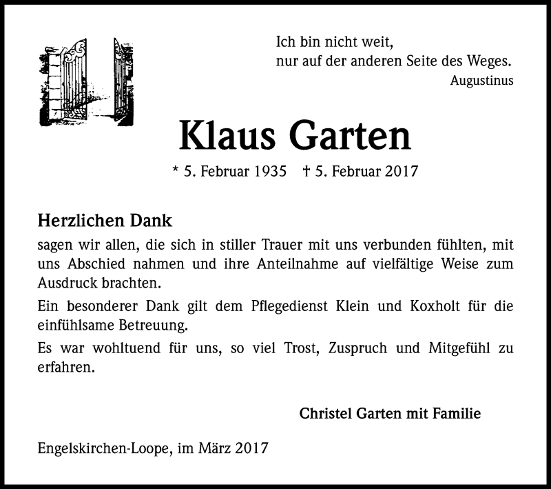  Traueranzeige für Klaus Garten vom 25.03.2017 aus Kölner Stadt-Anzeiger / Kölnische Rundschau / Express