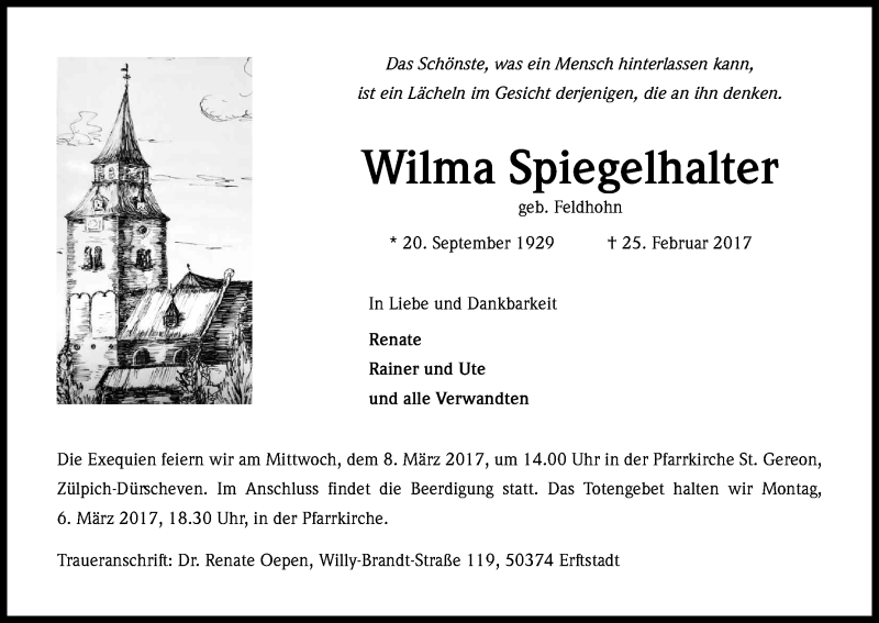  Traueranzeige für Wilma Spiegelhalter vom 04.03.2017 aus Kölner Stadt-Anzeiger / Kölnische Rundschau / Express