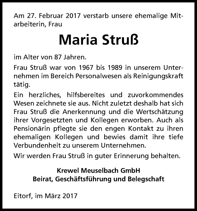  Traueranzeige für Maria Struß vom 02.03.2017 aus Kölner Stadt-Anzeiger / Kölnische Rundschau / Express